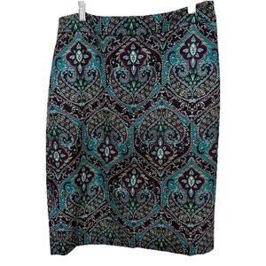 Talbots10 Pencil Skirt Green Purple Paisley Lined Career Wear Bohemian Retro